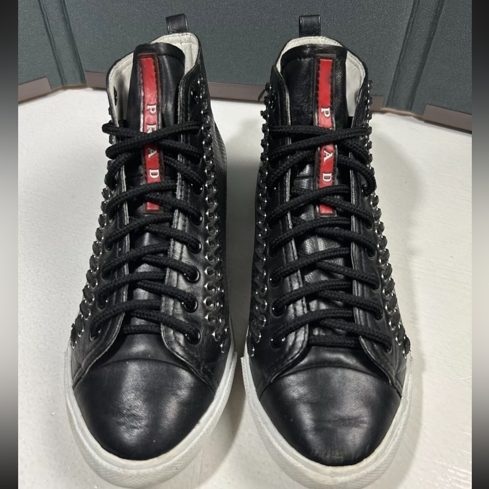 PRADA Womens 36.5 Black Perforated Leather High Top Sneakers Shoes Made in Italy - Picture 3 of 13